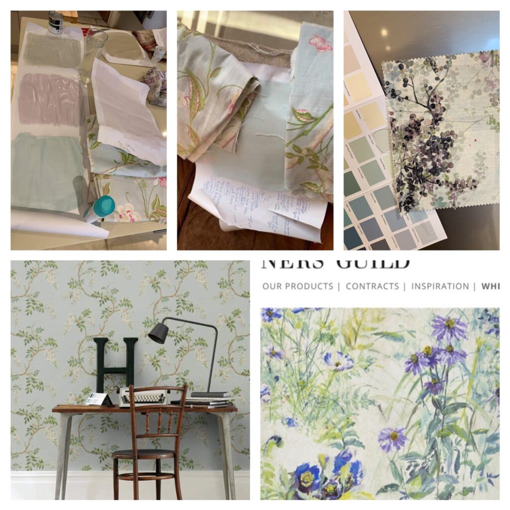 A collection of colour charts, Laura Ashley fabric and designer wallpapers